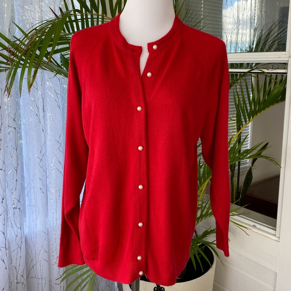 Designers Origi Nal Women’s Red Cardigan Pearly White Buttons Large Petite Lp